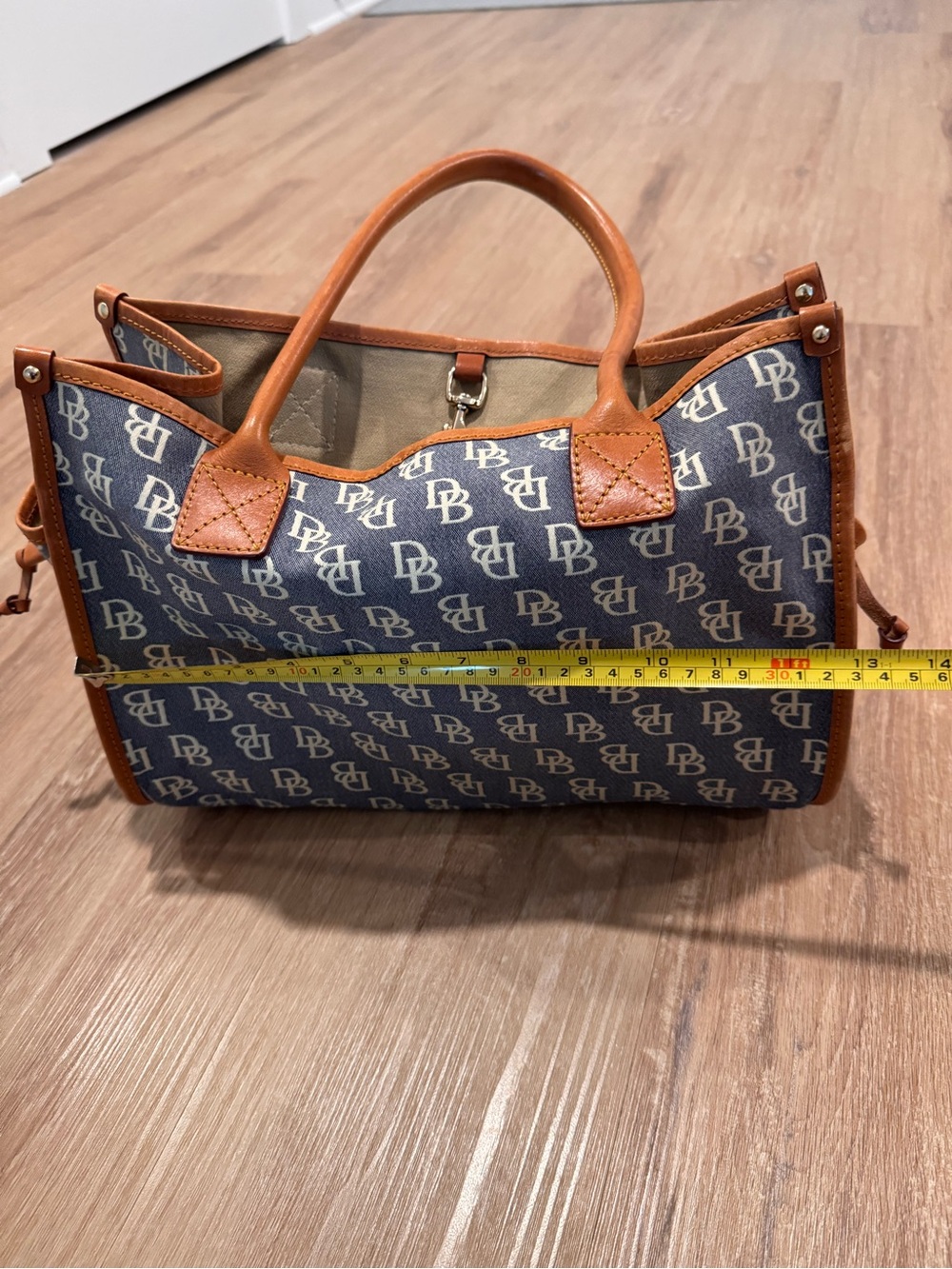 Designer Monogram Navy and Tan Leather-Trim Tote